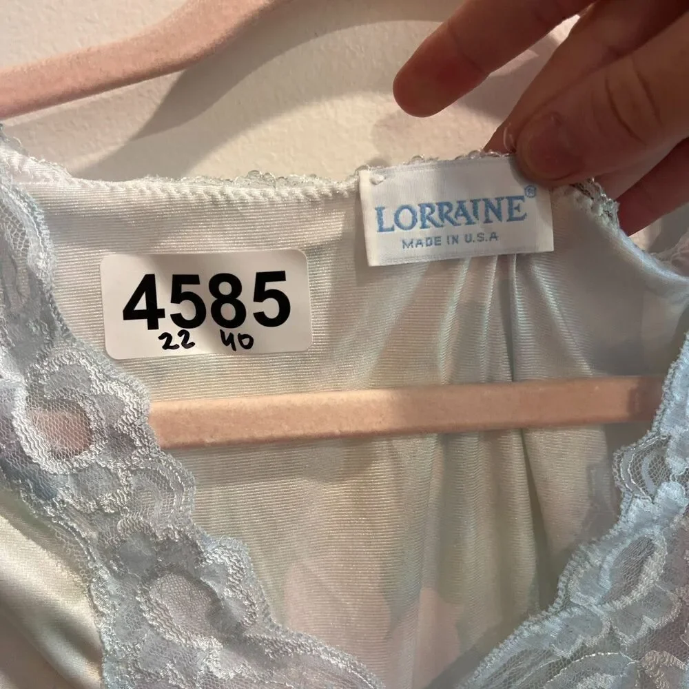 Lorraine Womens Pastel Blue Night Gown Robe Set OS Floral Vintage Short Sleeve